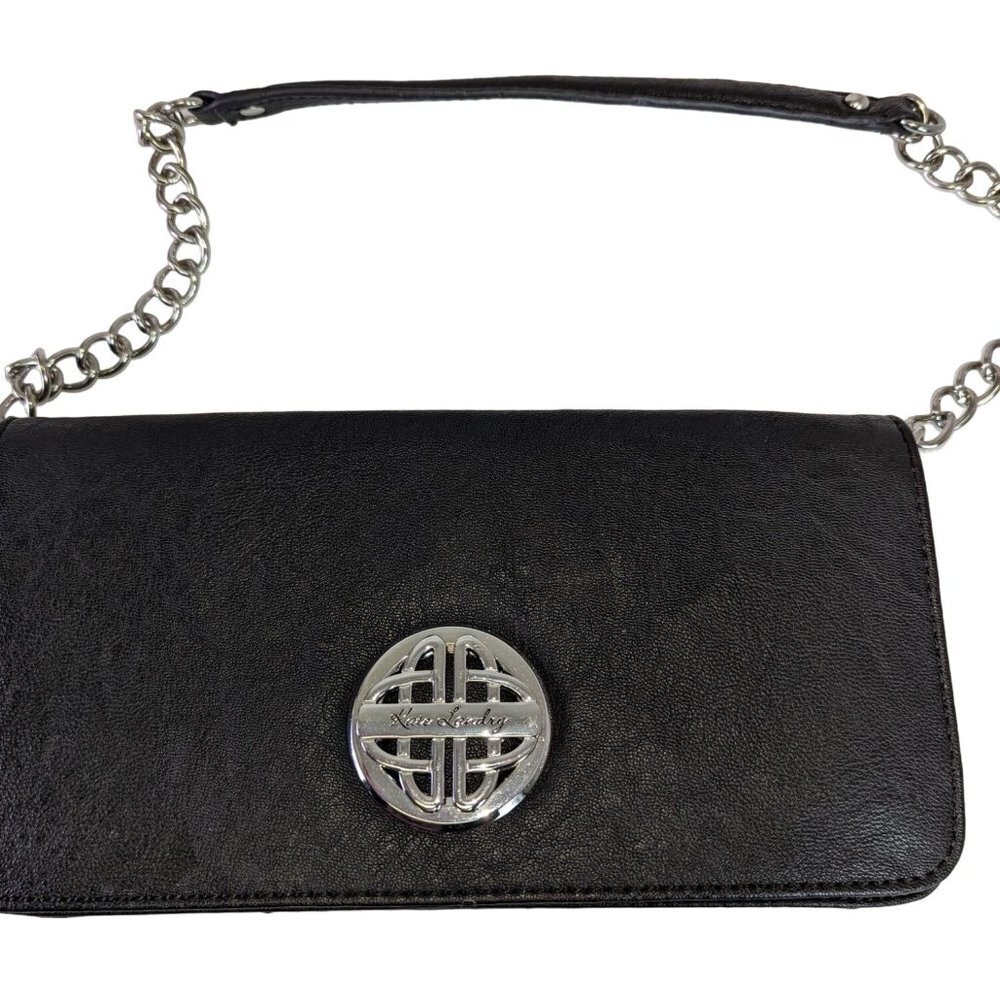 Kate Laundry Black Chain Strap Faux Leather Look Clutch Handbag Like NEW 10" by